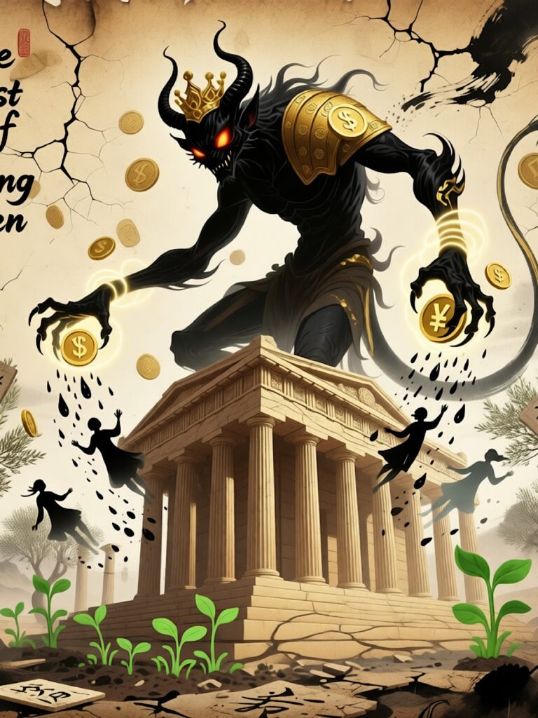 The Cost of Being Seen: A dark demon figure representing Meta and social platforms demanding money for attention — symbolizing how algorithms force you to pay or be hidden.