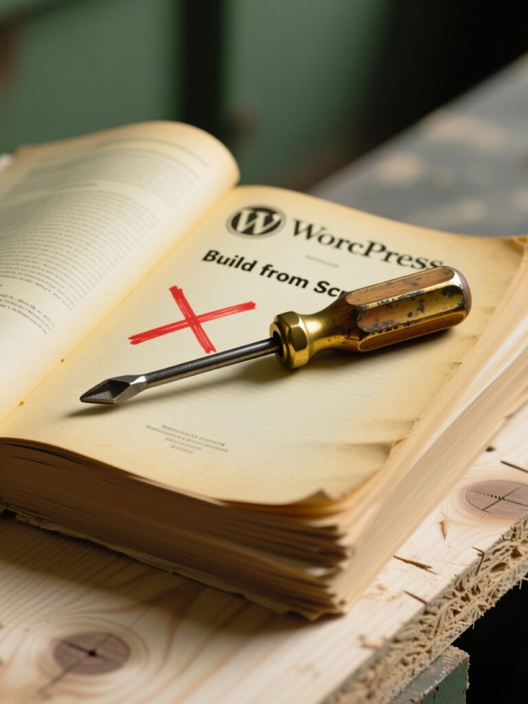 WordPress Build from Scratch crossed out with a red X — symbolizing why you shouldn’t rely on coding everything yourself