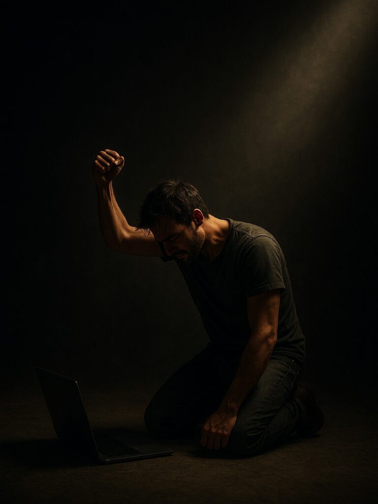 Startup founder kneeling in the dark with a laptop, symbolizing struggle, resilience, and overcoming challenges while building a business.