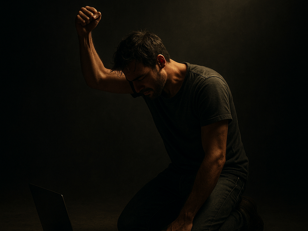 Startup founder kneeling in the dark with a laptop, symbolizing struggle, resilience, and overcoming challenges while building a business.