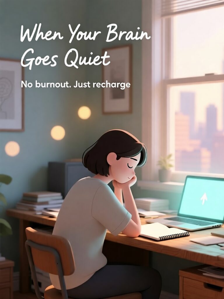 A woman at her desk with eyes closed, recharging after creative work — symbolizing that burnout isn’t failure, but a signal to rest. No burnout. Just recharge.