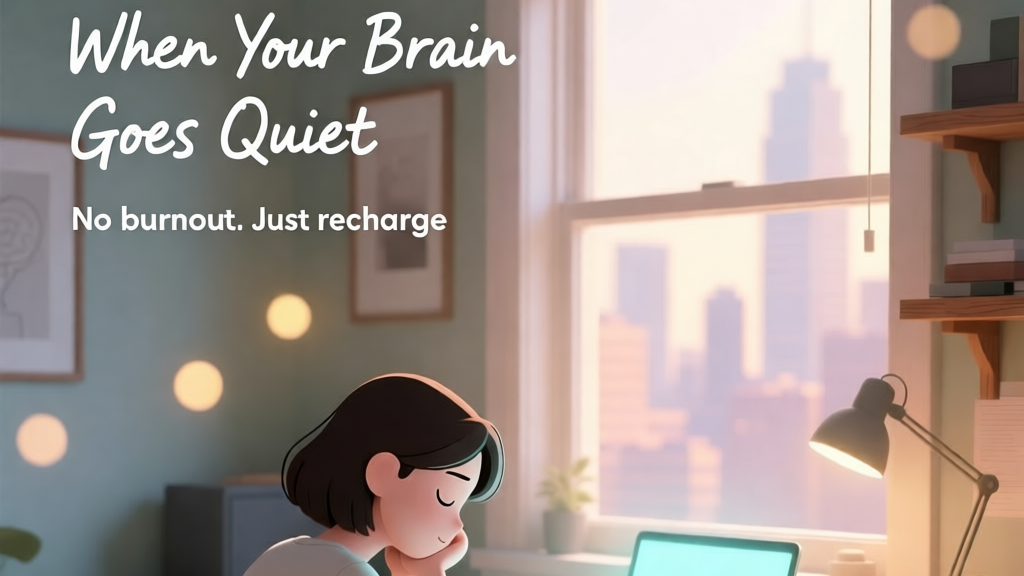 A woman at her desk with eyes closed, recharging after creative work — symbolizing that burnout isn’t failure, but a signal to rest. No burnout. Just recharge.