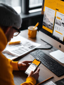 A designer in a yellow hoodie checks his phone while reviewing his website on desktop — illustrating why you need a solid website before investing in backlink marketing.